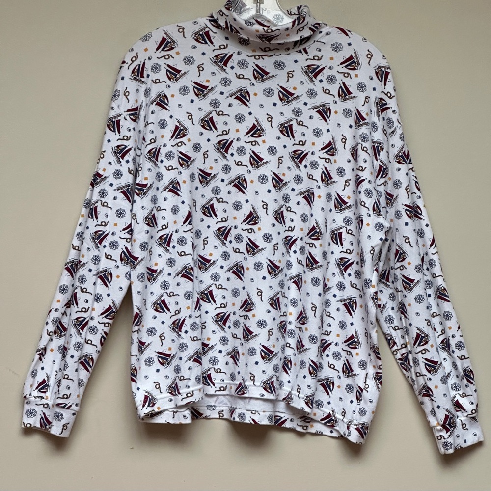 High Sierra Sailboat Print Turtleneck Long Sleeve Top White Multicolor Size XL